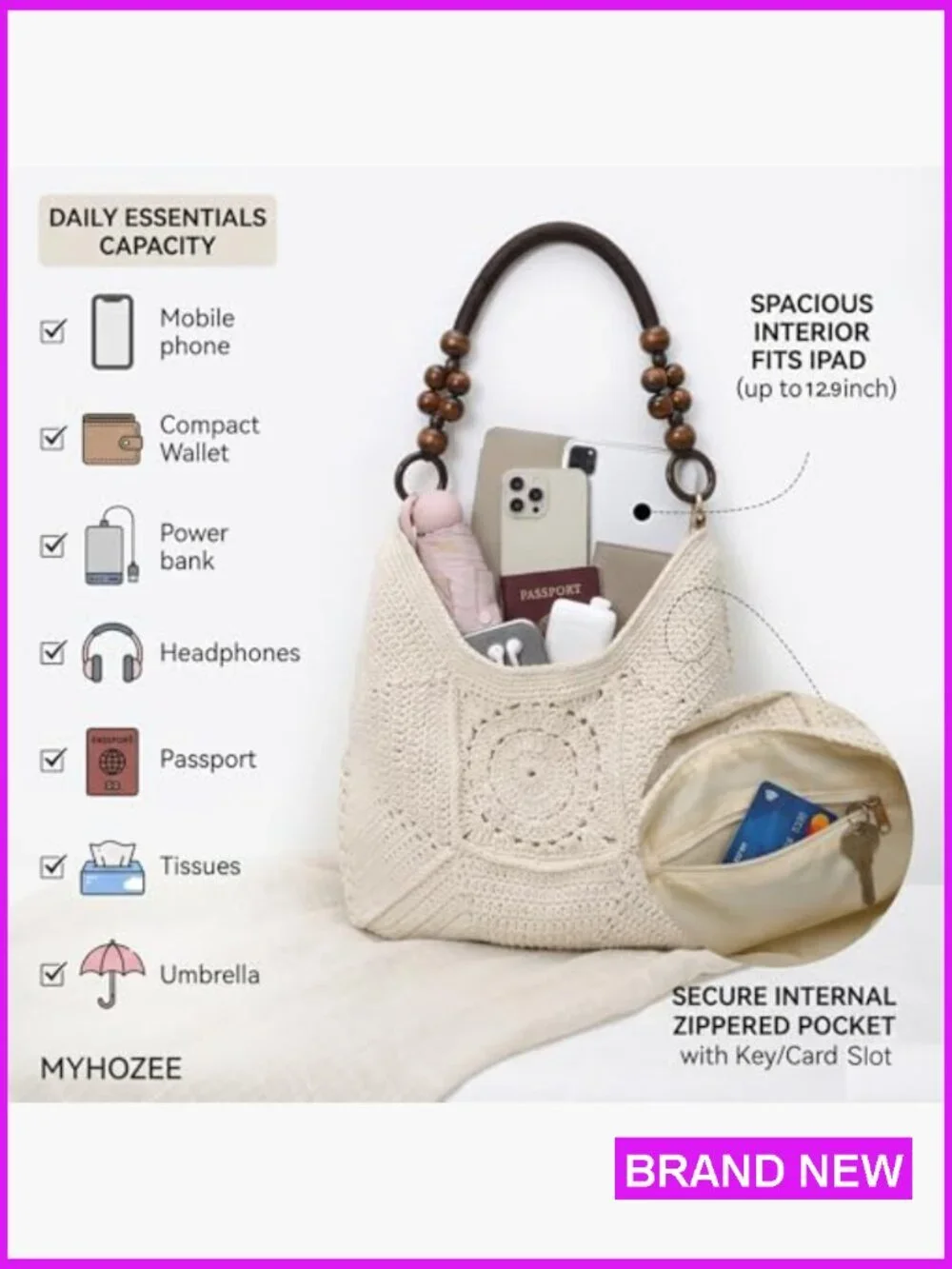 Boho Crochet Beach Tote Bag Fully Lined Lightweight Woven Hobo Purse Summer